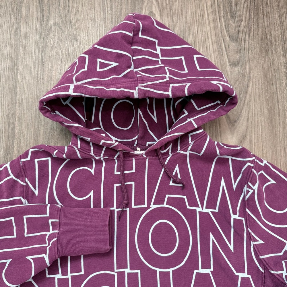 Champion Reverse Weave All Over Logo Hoodie Sweatshirt Pullover Purple Medium - Picture 1 of 7
